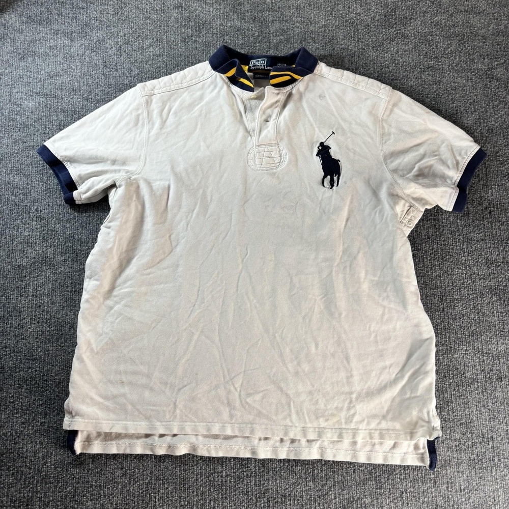 Polo By Ralph‎ Lauren Polo Shirt Mens 2XL White Big Pony Custom Fit Navy Collar